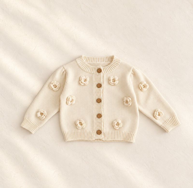 Load image into Gallery viewer, Cardigan bébé fille en tricot de coton à fleurs en relief – Kali 🤍 - Pré-commande
