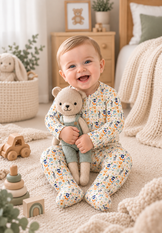 Barboteuse bébé garçon coton bio motif animaux amusants – Kaki Lilas