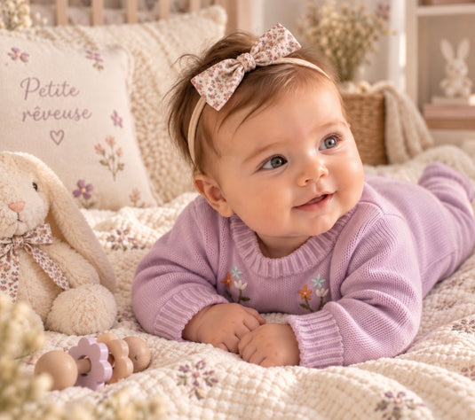 Combinaison bébé fille en tricot doux lilas brodée