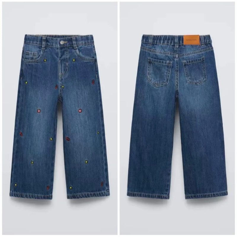 Load image into Gallery viewer, Jeans fille à jambes larges et petits motifs brodés -Pre-commande
