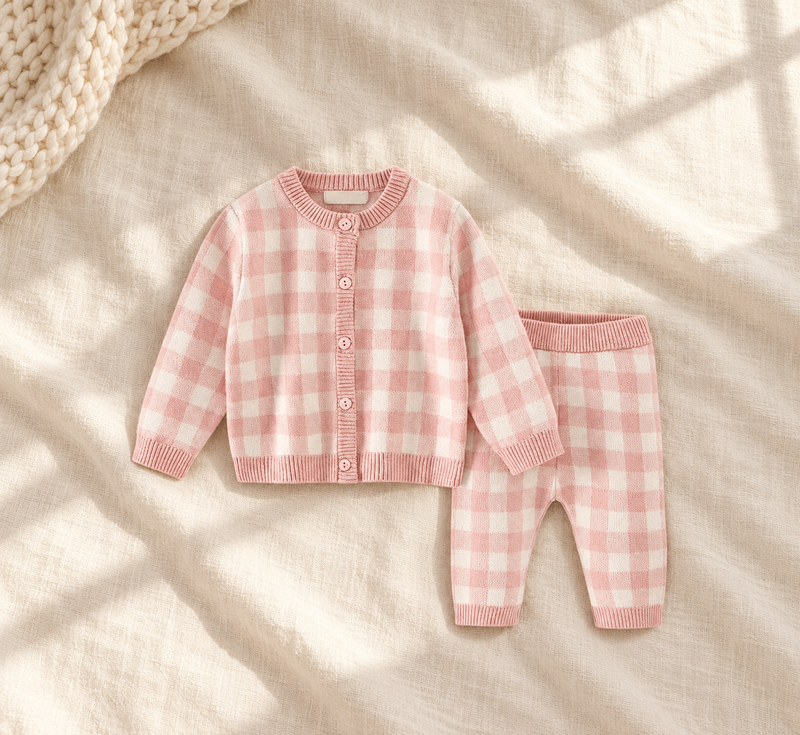 Load image into Gallery viewer, Ensemble deux pièces pour fille en tricot à carreaux roses et ivoire 🌸 - Pré-commande

