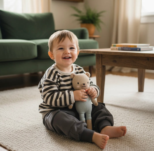 Boys' thick cotton sweater with comfortable stripes - Khaki Lilac
