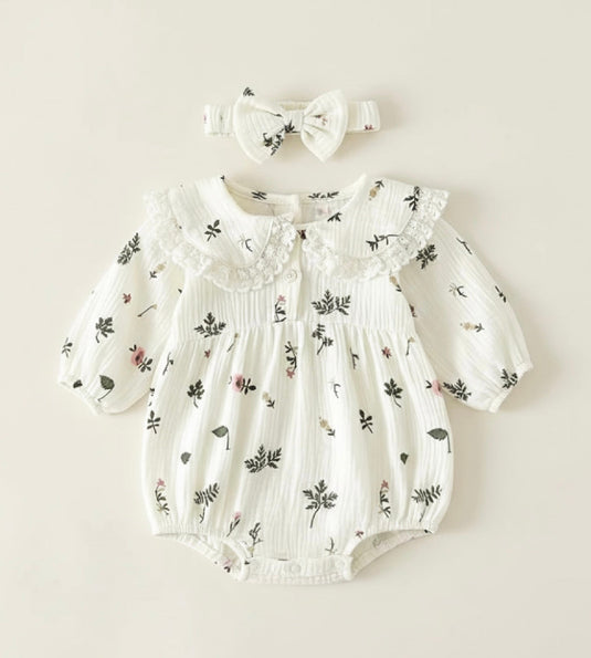 Barboteuse bébé fleurie en coton avec bandeau assorti