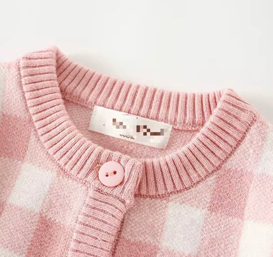 Ensemble deux pièces pour fille en tricot à carreaux roses et ivoire 🌸 - Pré-commande