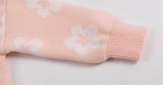 Combinaison bébé fille en tricot à capuche et fermeture éclair – Rose à fleurs ivoire 🌸 - Pré-commande